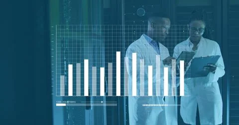 Image of data processing over african american it man and woman by computer 스톡 사진