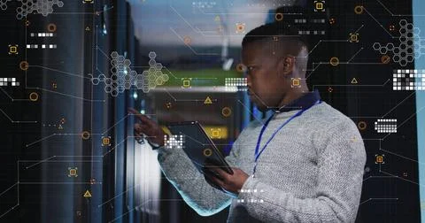 Image of data processing over african american male engineer using digital 스톡 사진