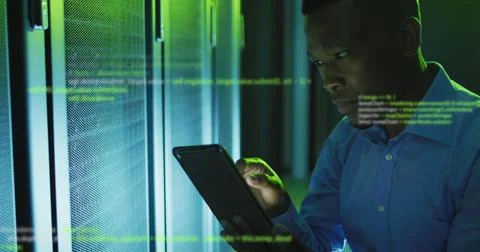 Image of data processing over african american male engineer using digital 스톡 사진