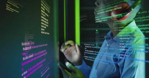 Image of data processing over african american male engineer using digital 스톡 사진