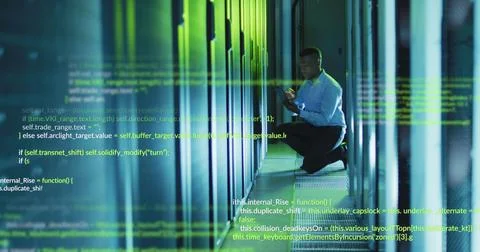 Image of data processing over african american male engineer using digital 스톡 사진
