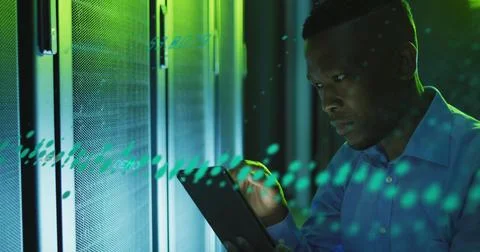 Image of data processing over african american male engineer using digital Stock Photos
