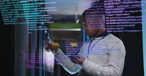 Image of data processing over african american male engineer using digital 스톡 사진