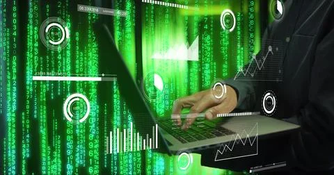 Image of data processing over african american man using laptop by computer Stockfoto's