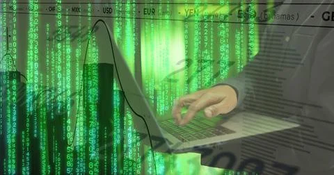 Image of data processing over african american man using laptop by computer Foto stock