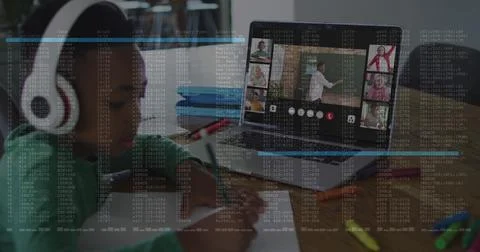 Image of data processing over african american boy having school image call 스톡 사진