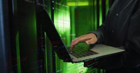 Image of data processing over african american male it engineer by computer Stockfoto's