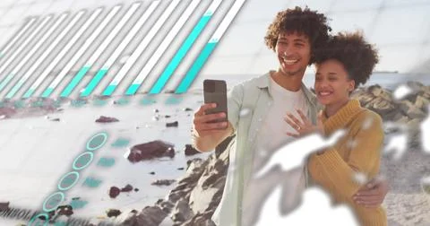 Image of data processing over african american couple using smartphone on beach 스톡 사진