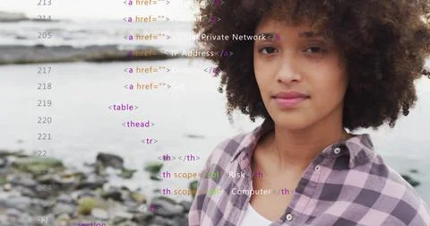 Image of data processing over african american woman cleaning on beach Stock Photos