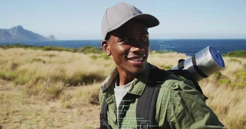 Image of data processing over african american man hiking 스톡 사진