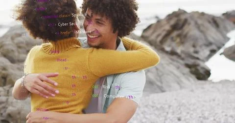 Image of data processing over african american couple embracing on beach Fotos Stock