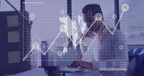 Image of data processing over african american businessman using computer in Foto stock