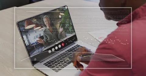 Image of data processing over african american man on laptop video call Foto stock