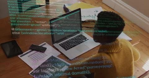Image of data processing over african american woman using laptop working from Foto stock