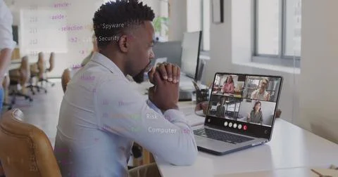Image of data processing over african american man having laptop image call at Foto stock