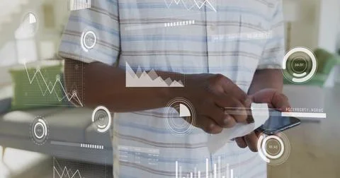 Image of data processing over african american man celaning his smartphone Stock Photos