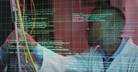 Image of data processing over african american scientist in server room Stockfoto's