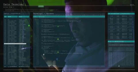 Image of data processing over african american man working in server room 스톡 사진