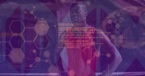 Image of data processing over african american man using smartwatch outdoors Stock Photos