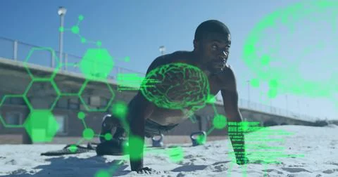 Image of data processing over african american man exercising at beach Stock Photos