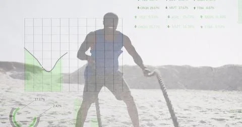 Image of data processing over african american man exercising at beach Stock Photos