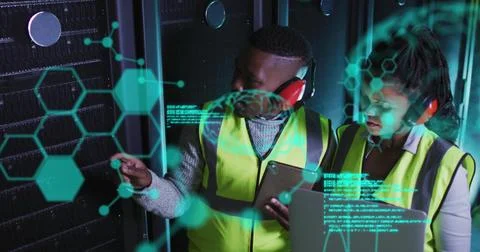 Image of data processing over african american workers in server room 写真素材