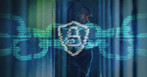 Image of data processing over african american male worker in server room 写真素材