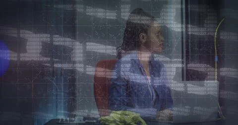 Image of data processing over african american female worker in server room 写真素材