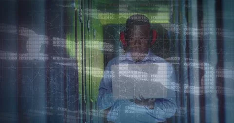 Image of data processing over african american male worker in server room 写真素材