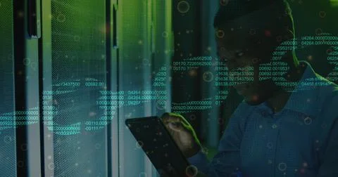 Image of data processing over african american male worker in server room 写真素材