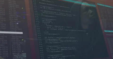Image of data processing over african american male hacker in server room 스톡 사진