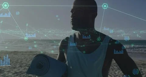 Image of data processing over african american man with yoga mat at beach Stock Photos