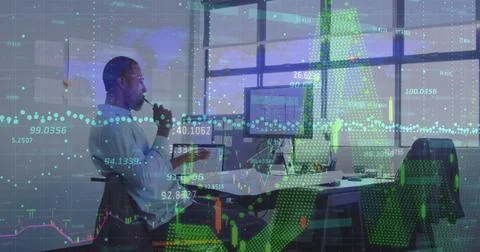 Image of data processing over african american businessman using computer 스톡 사진