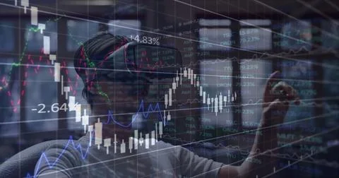 Image of data processing over african american man wearing vr headset Foto stock