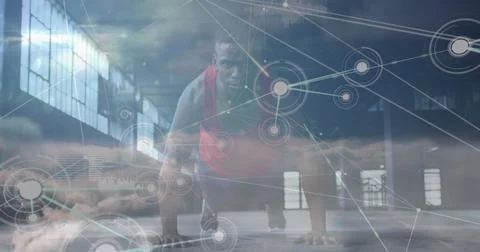 Image of data processing over african american man doing push ups Stock Photos