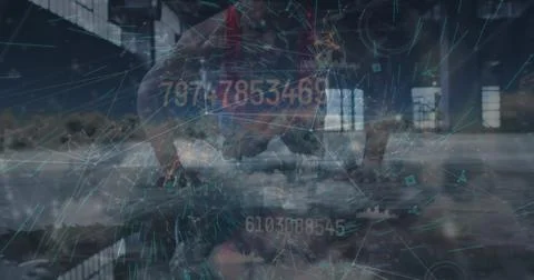 Image of data processing over african american man doing push ups Foto stock