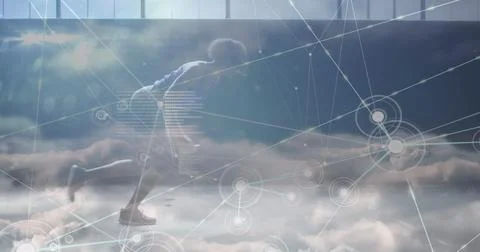 Image of data processing over african american man running 스톡 사진
