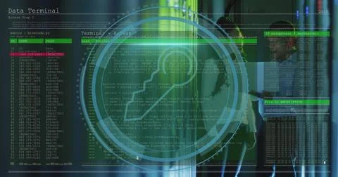 Image of data processing over african american workers in server room Foto stock