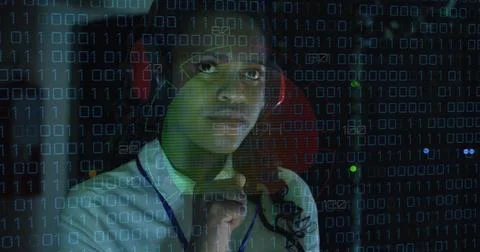 Image of data processing over african american female server room worker using Stockfoto's
