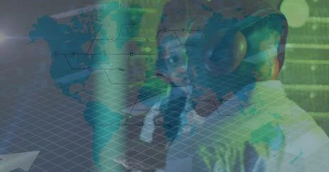 Image of data processing over african american couple server room workers using Stock Photos