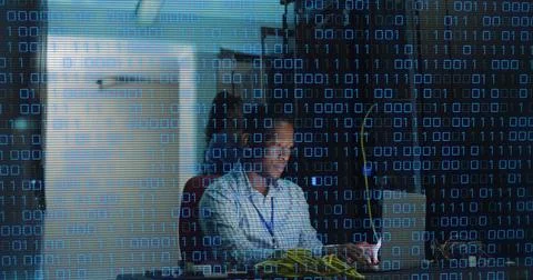 Image of data processing over african american male server room worker using Stock Photos