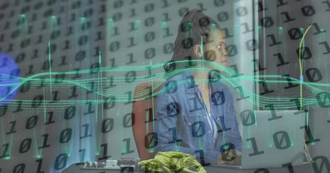 Image of data processing over african american female server room worker using Stock Photos