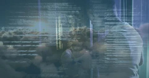 Image of data processing over african american male server room worker Stock Photos