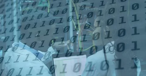 Image of data processing over african american couple server room workers Stockfoto's