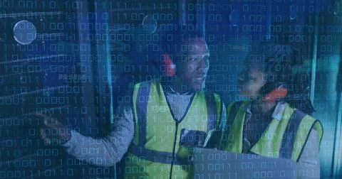Image of data processing over african american couple server room workers using Stockfoto's