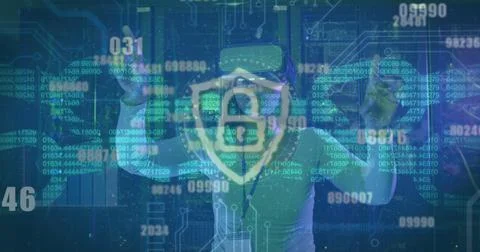 Image of data processing over african american female server room worker using Stock Photos