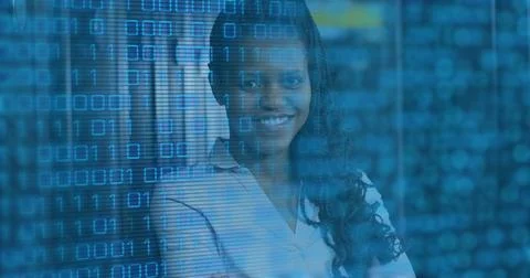 Image of data processing over african american female server room worker Stock Photos