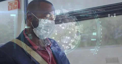 Image of data processing over african american man with face mask using 写真素材