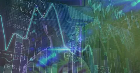 Image of data processing over african american man using vr headset Stock Photos