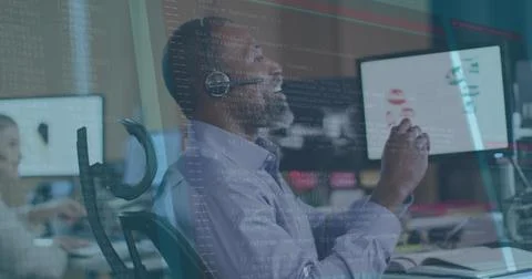 Image of data processing over african american senior man talking on phone Stock Photos